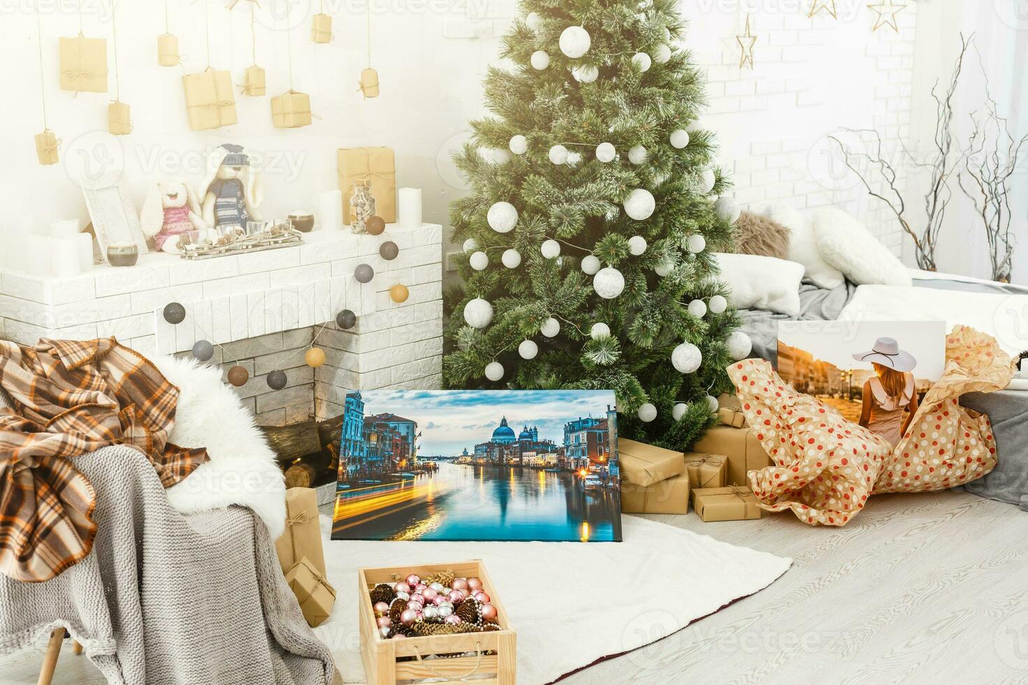 Square canvas in interior. Mock up poster. Christmas and New Year concept. photo