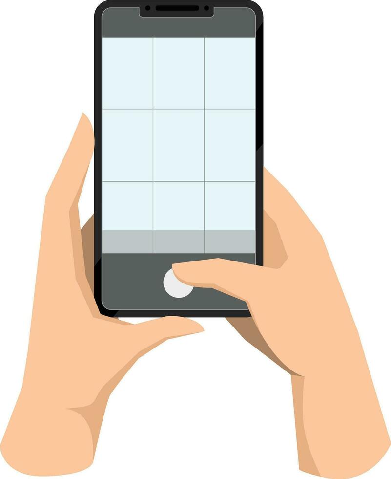 Hand holding phone, taking mobile photo. Making photograph with grid on smartphone screen. Using camera for shooting, recording video. Flat graphic vector illustration isolated on white background