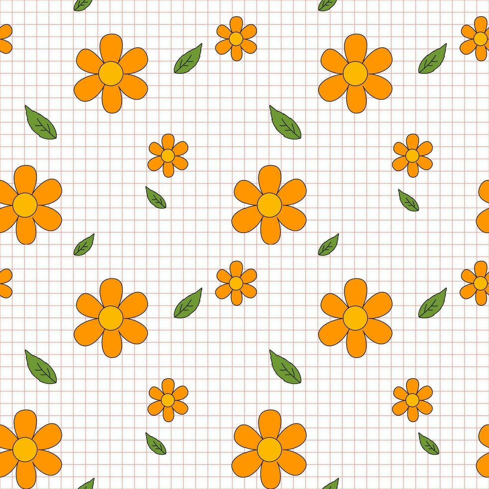 Orange flower on white tartan background, seamless pattern. vector