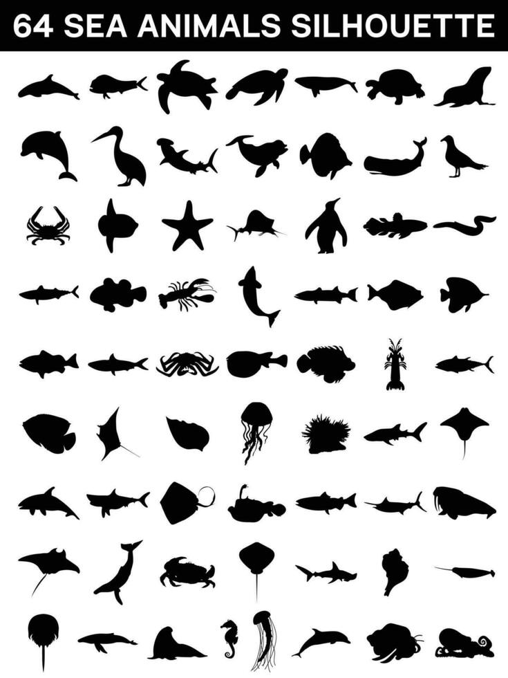 collection of sea animals silhouettes, isolated on white background vector