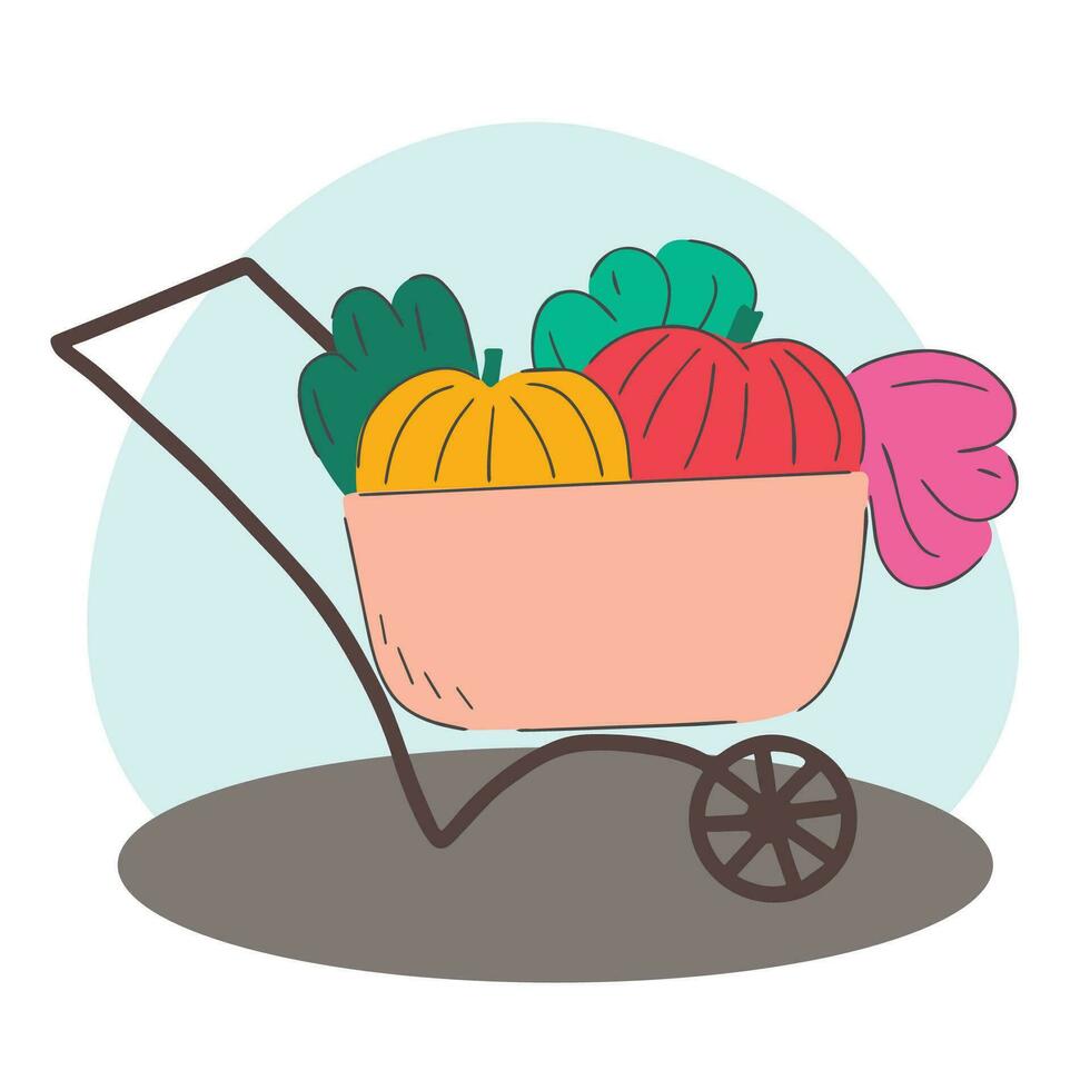 Harvest, wagon with pumpkin. Agricultural autumn work. Flat isolated illustration vector