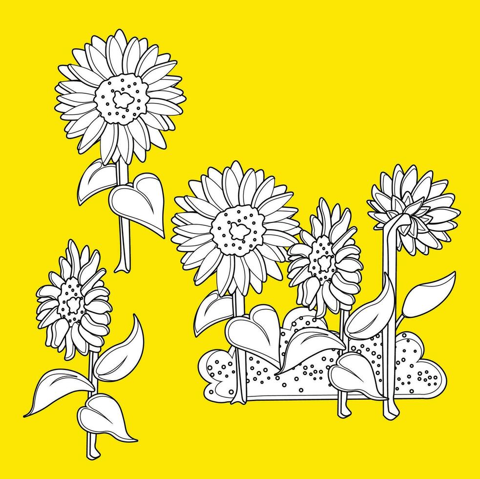 girasoles plantas flores naturaleza dibujos animados digital sello contorno vector