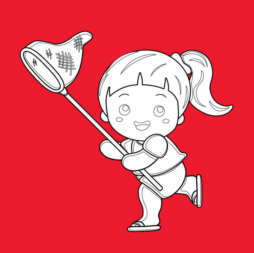 Kids Playing at Garden Holiday Activity Cartoon Digital Stamp Outline vector