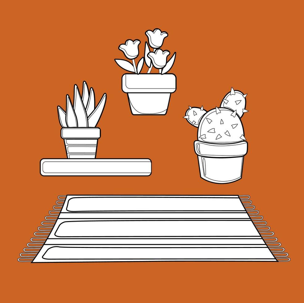 linda hogar interior objeto y plantas dibujos animados digital sello contorno vector