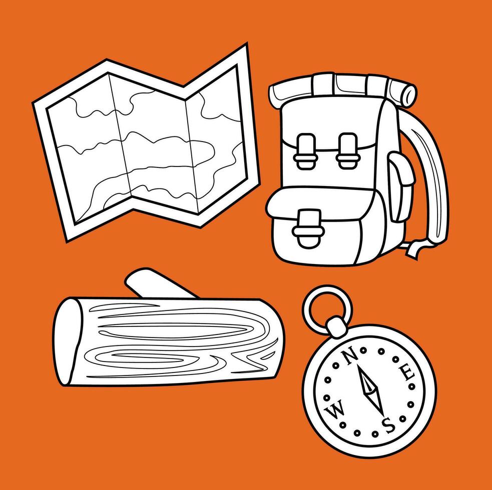 Camping Tools Travel Bag Compass Map Cartoon Digital Stamp Outline vector