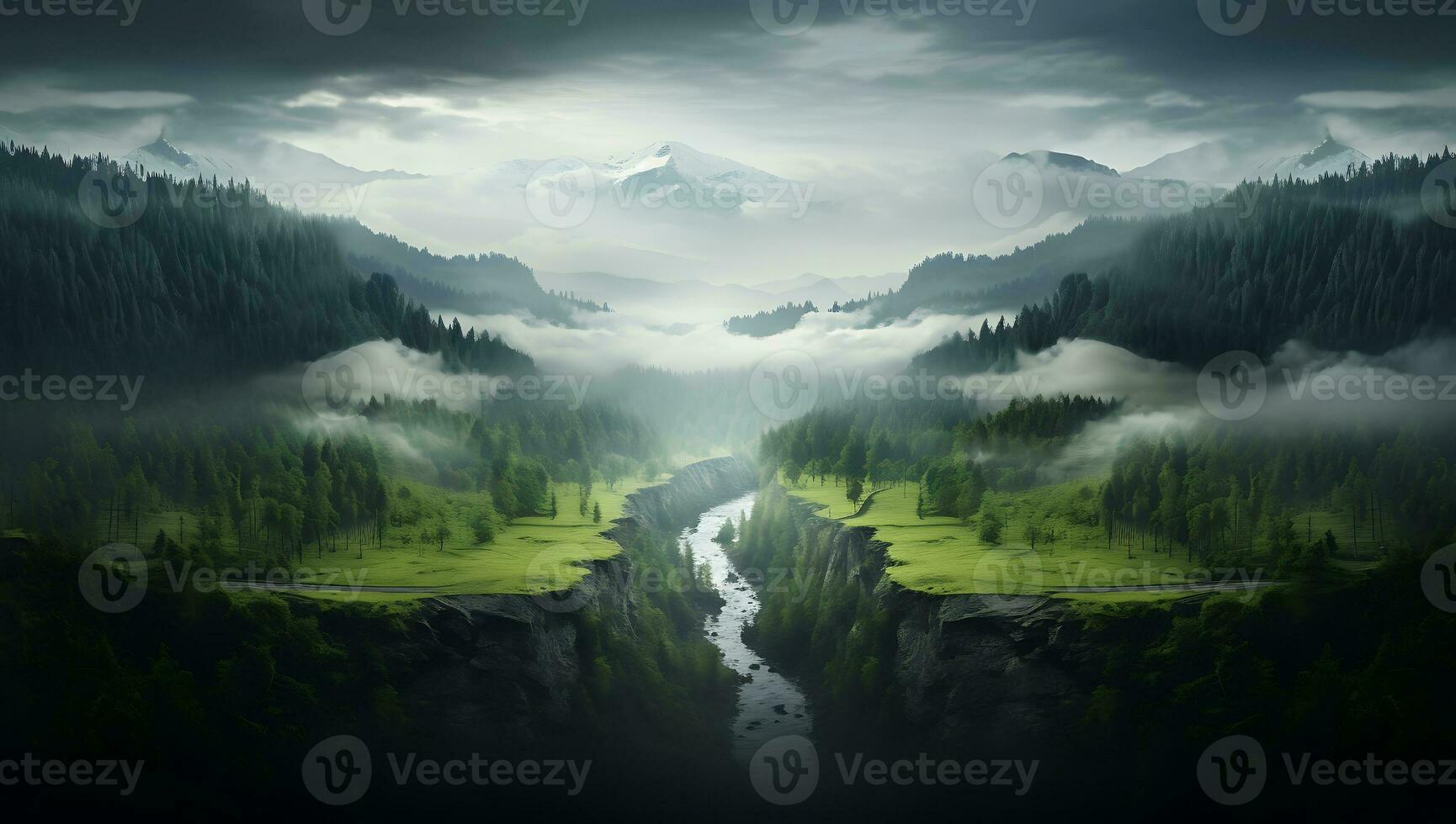 Fantasy landscape with river and mountains in the mist photo
