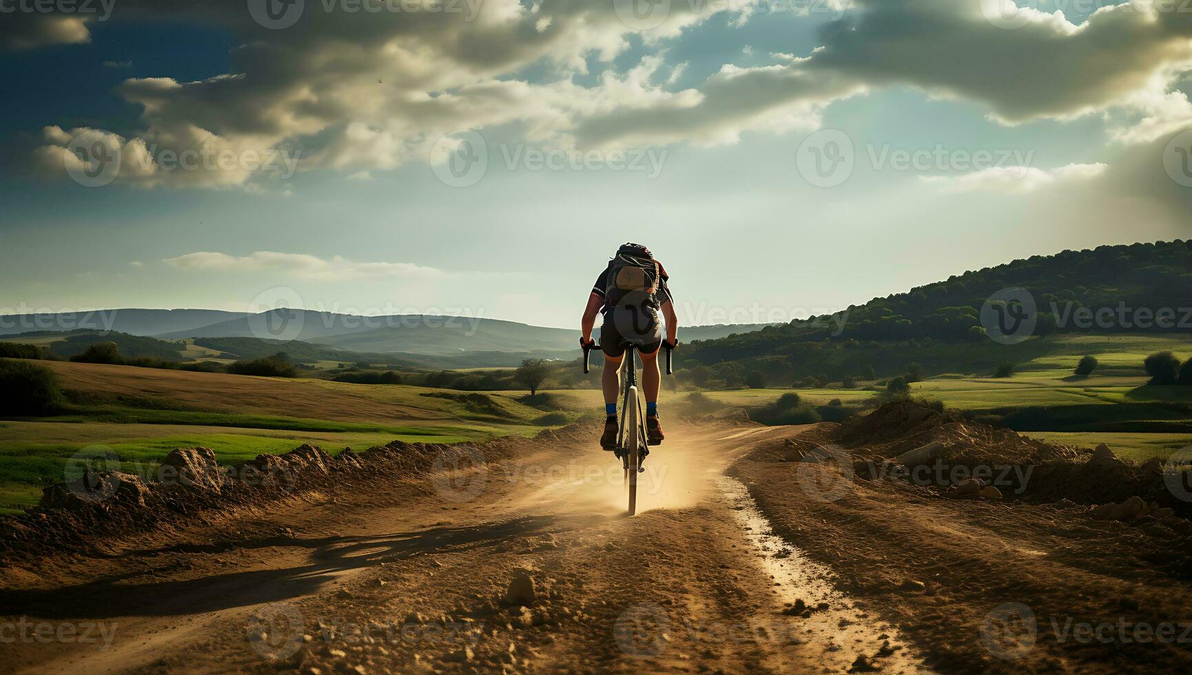 ciclista montando en un suciedad la carretera en el toscano campo foto