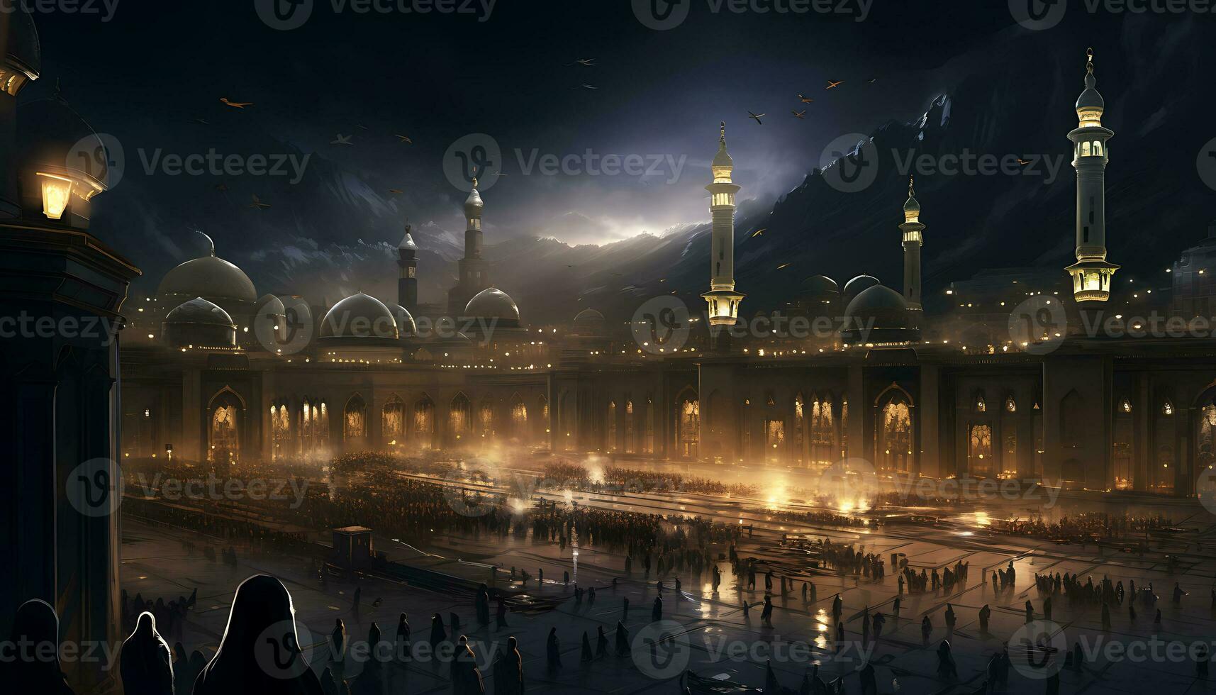 Ramadan Kareem background. Muslim pilgrims from all over the world gathered to perform Umrah or Hajj at the Haram Mosque in Mecca, Saudi Arabia. photo