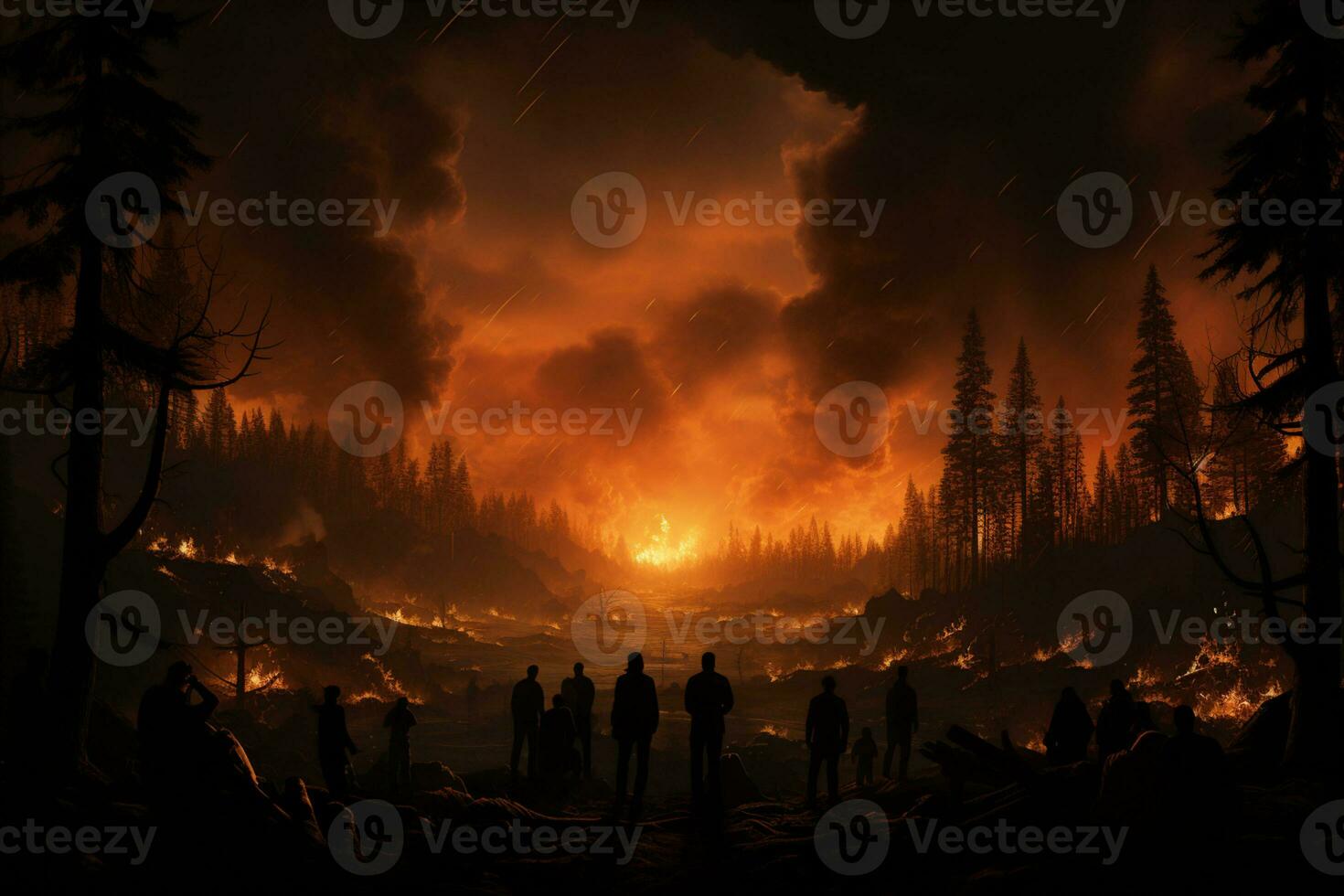 People witness forest fire silhouette in the dark AI Generated photo
