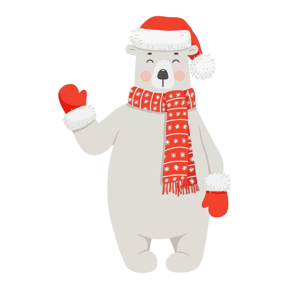 Cute polar bear in red hat, scarf and mittens waving his paw. Funny vector cartoon illustration for Christmas cards and posters. Baby animal isolated on white