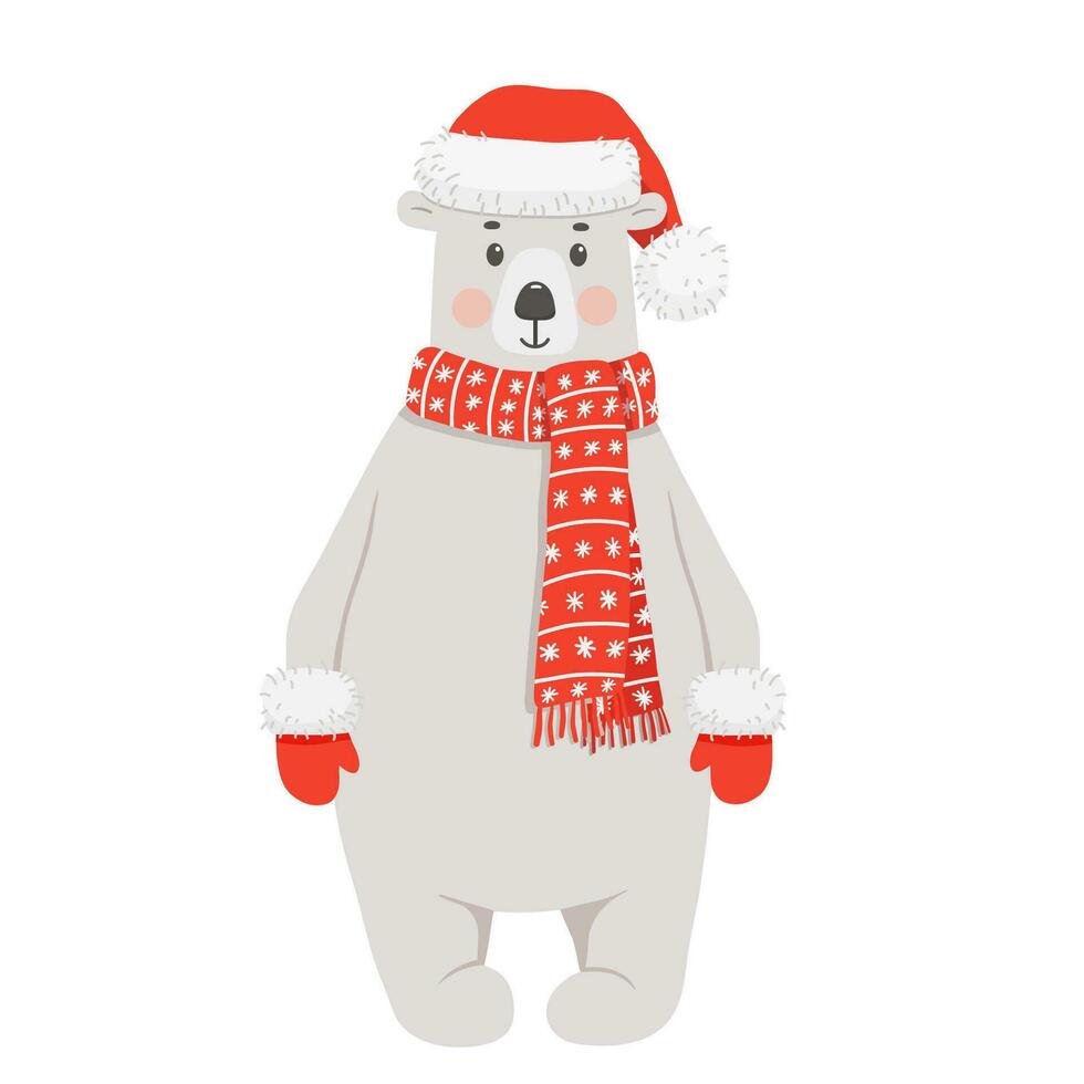 Cute polar bear in red hat, scarf and mittens. Funny vector cartoon illustration for Christmas cards and posters. Baby animal isolated on white