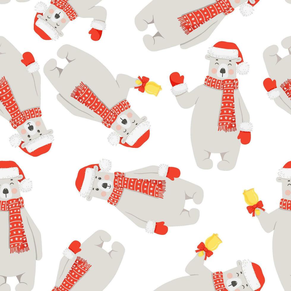 Seamless pattern with cute polar bear in red hat, scarf with bell. Funny vector background for Christmas packaging paper