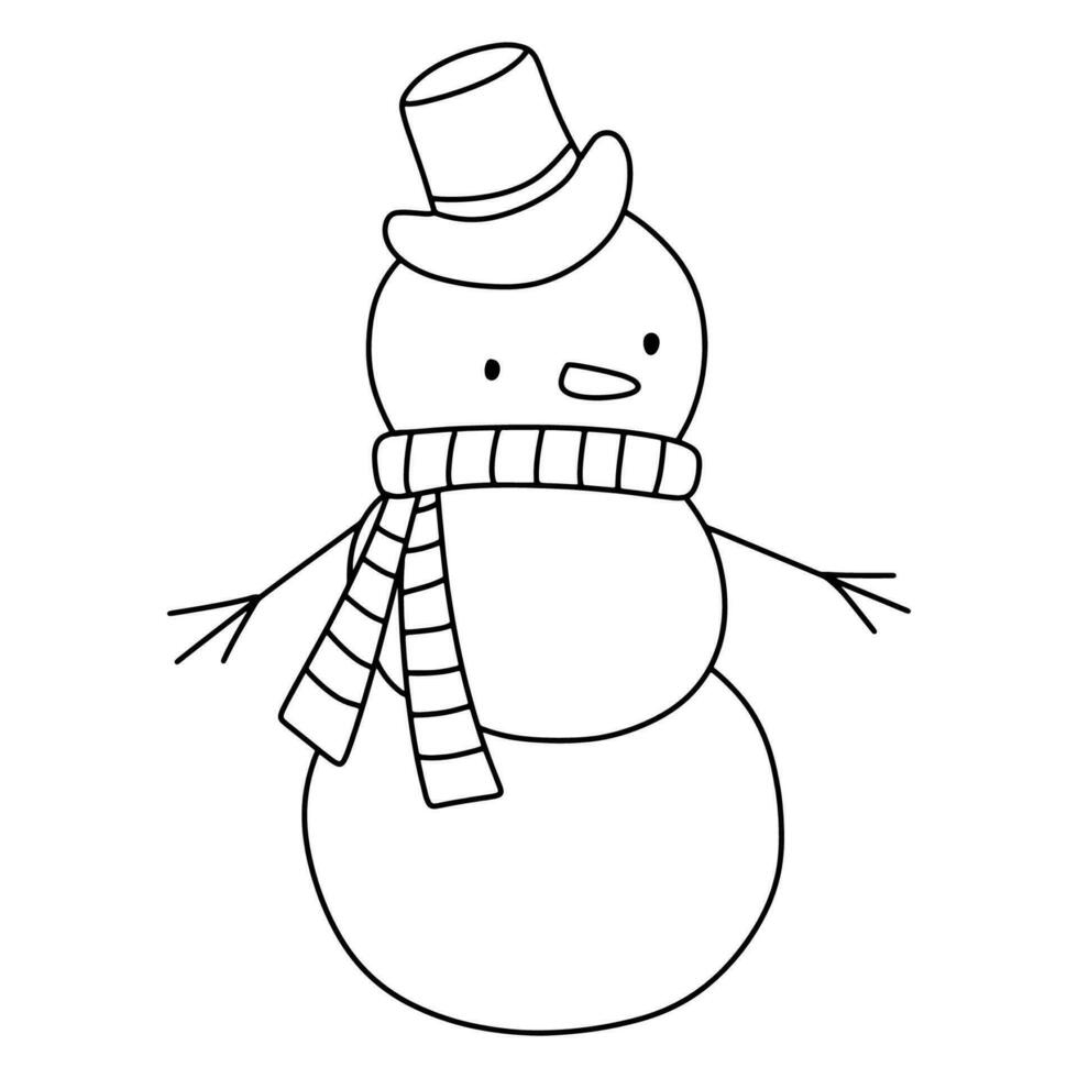 lindo muñeco de nieve garabato aislado en blanco. ilustración de contorno de vector infantil para colorear página