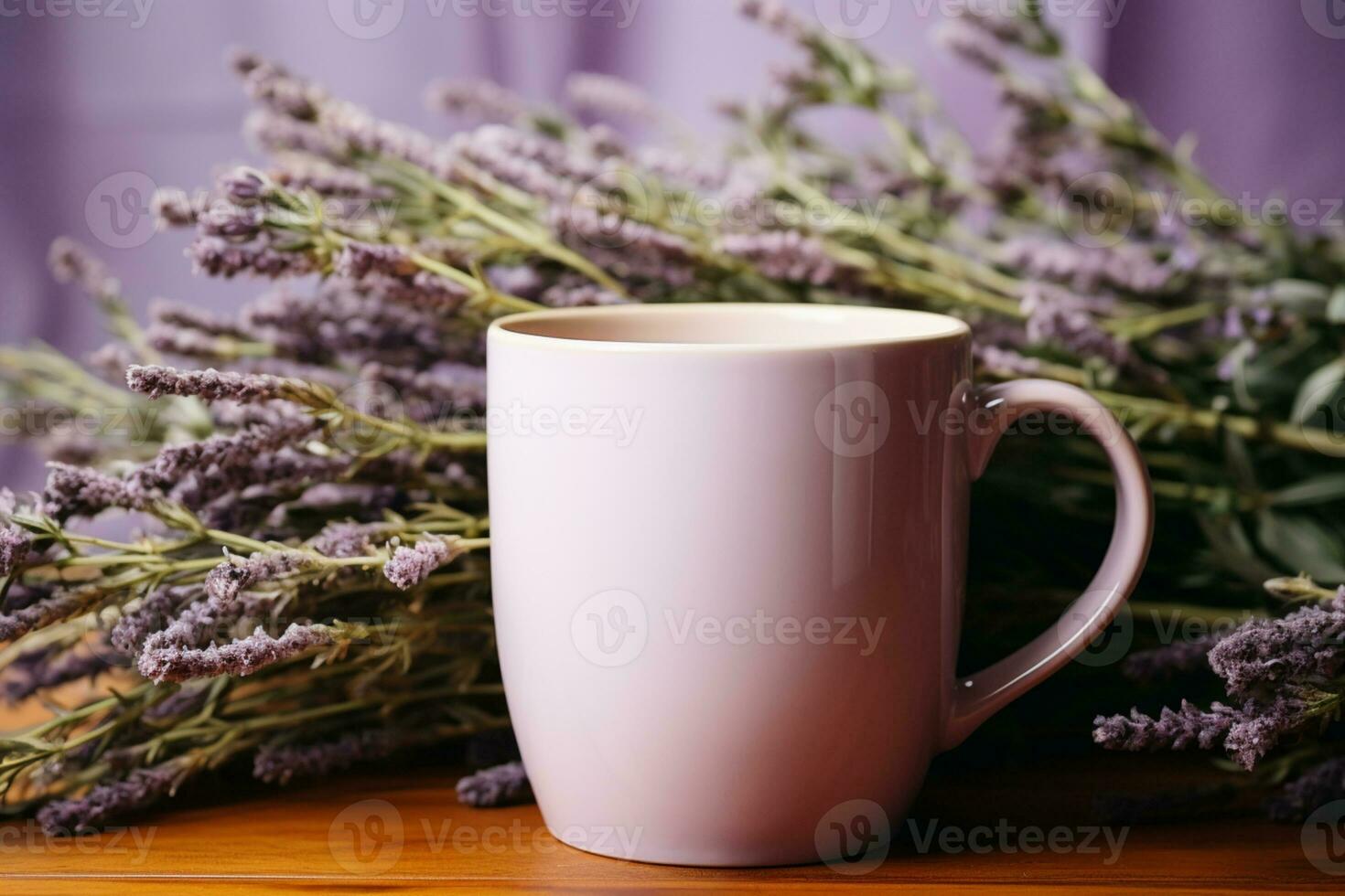 White coffee mug mockup with white field chamomile bouquet in handmade rustic vase Empty mug mock up AI Generated photo