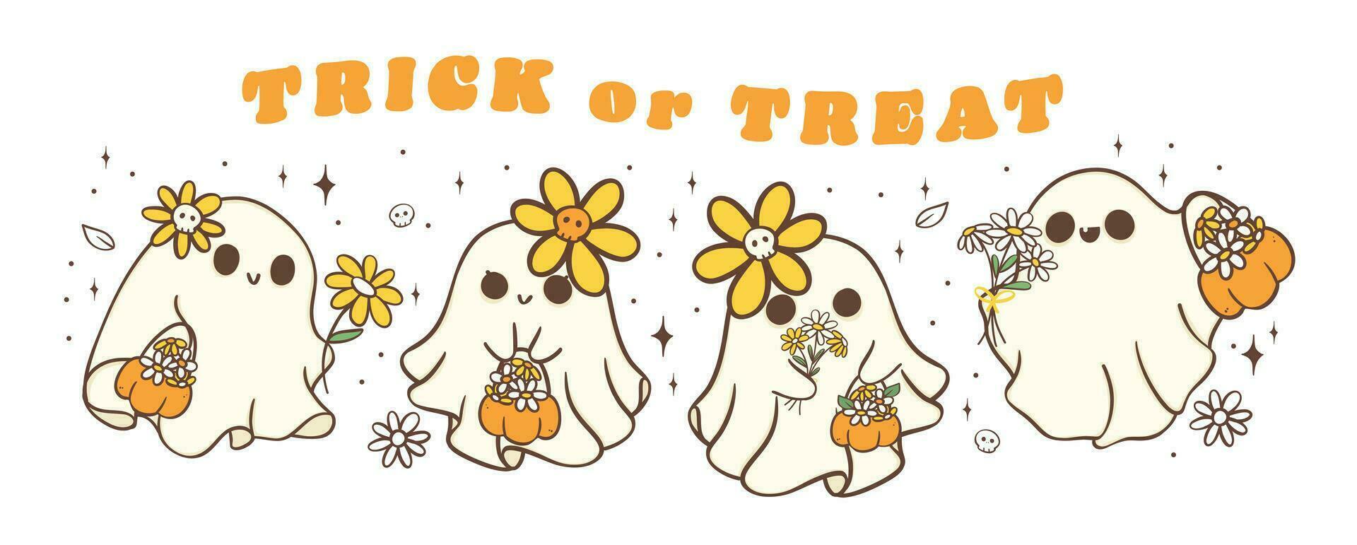 Group of cute Halloween ghosts with daisy flower, kawaii Retro floral spooky banner, Trick or Treat, cartoon doodle outline drawing illustration idea for greeting card, t shirt design and crafts. vector