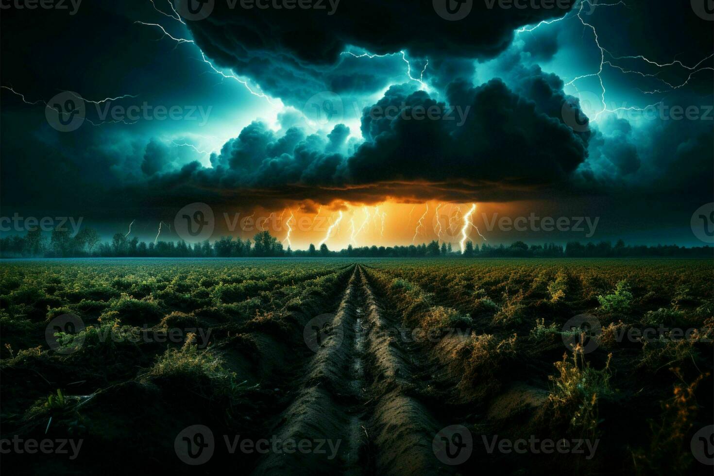 Thunderous lightning in lush meadow AI Generated photo