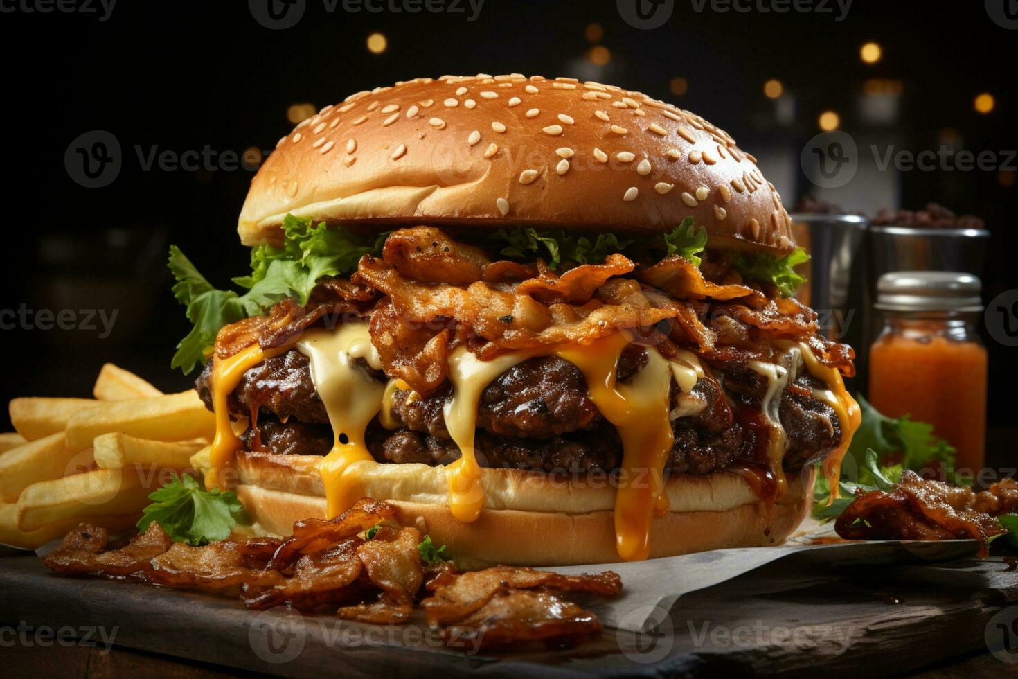 comida camión indulgencia, Cerdo hamburguesa coronado con queso, emparejado con papas fritas ai generado foto