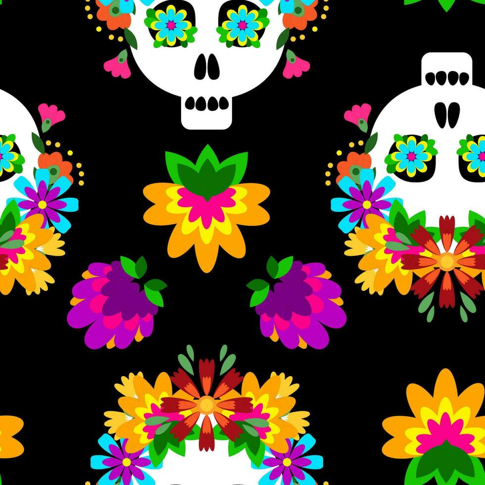 mexicano azúcar cráneo y flores en un sin costura modelo en un negro antecedentes vector