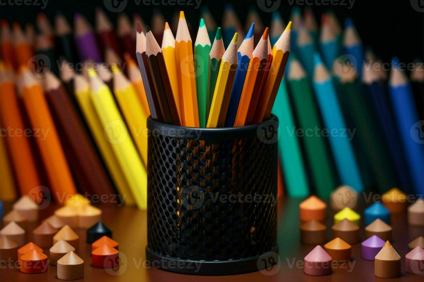 Pencils neatly arranged in holder, evoking a back to school vibe AI Generated photo