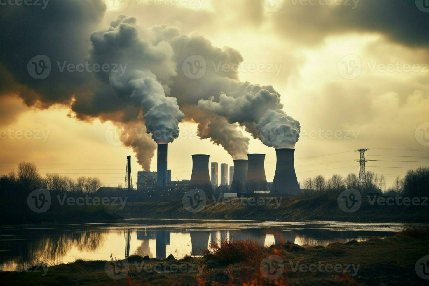 Smoke billows from the factory, a visual of industrial emissions AI Generated photo