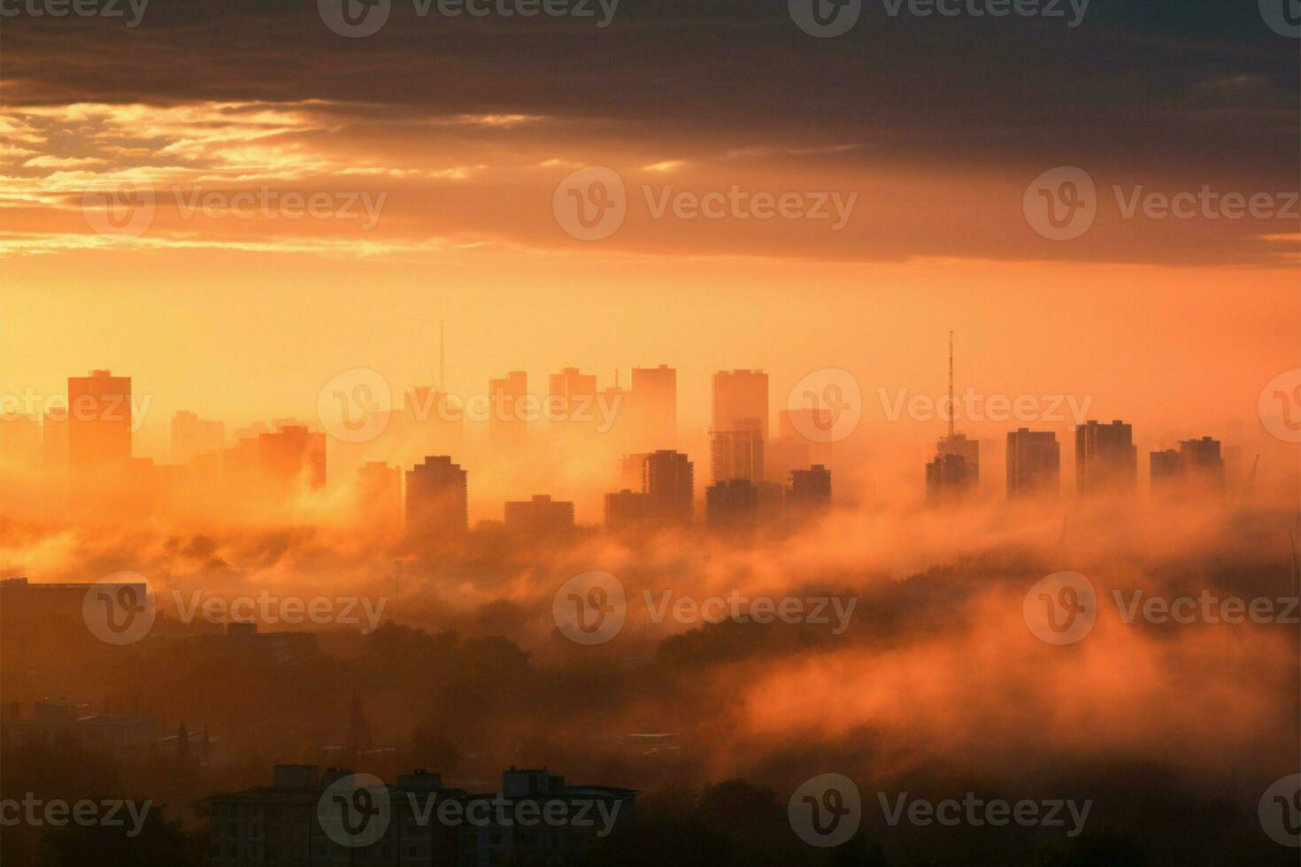 City veiled in fog as the sun sets in the background AI Generated photo