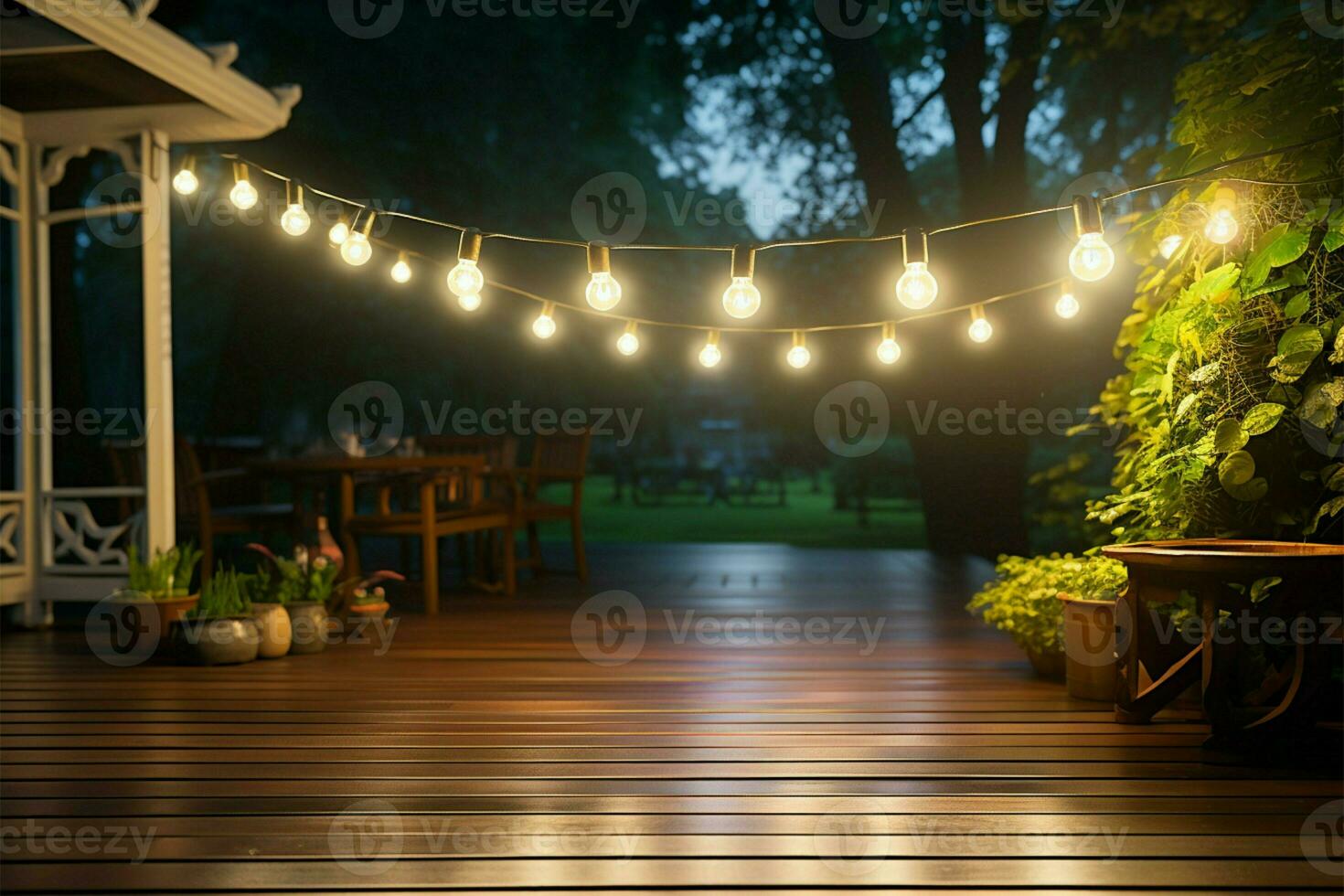 Lights on the porch ceiling illuminate the path to the garden AI Generated photo