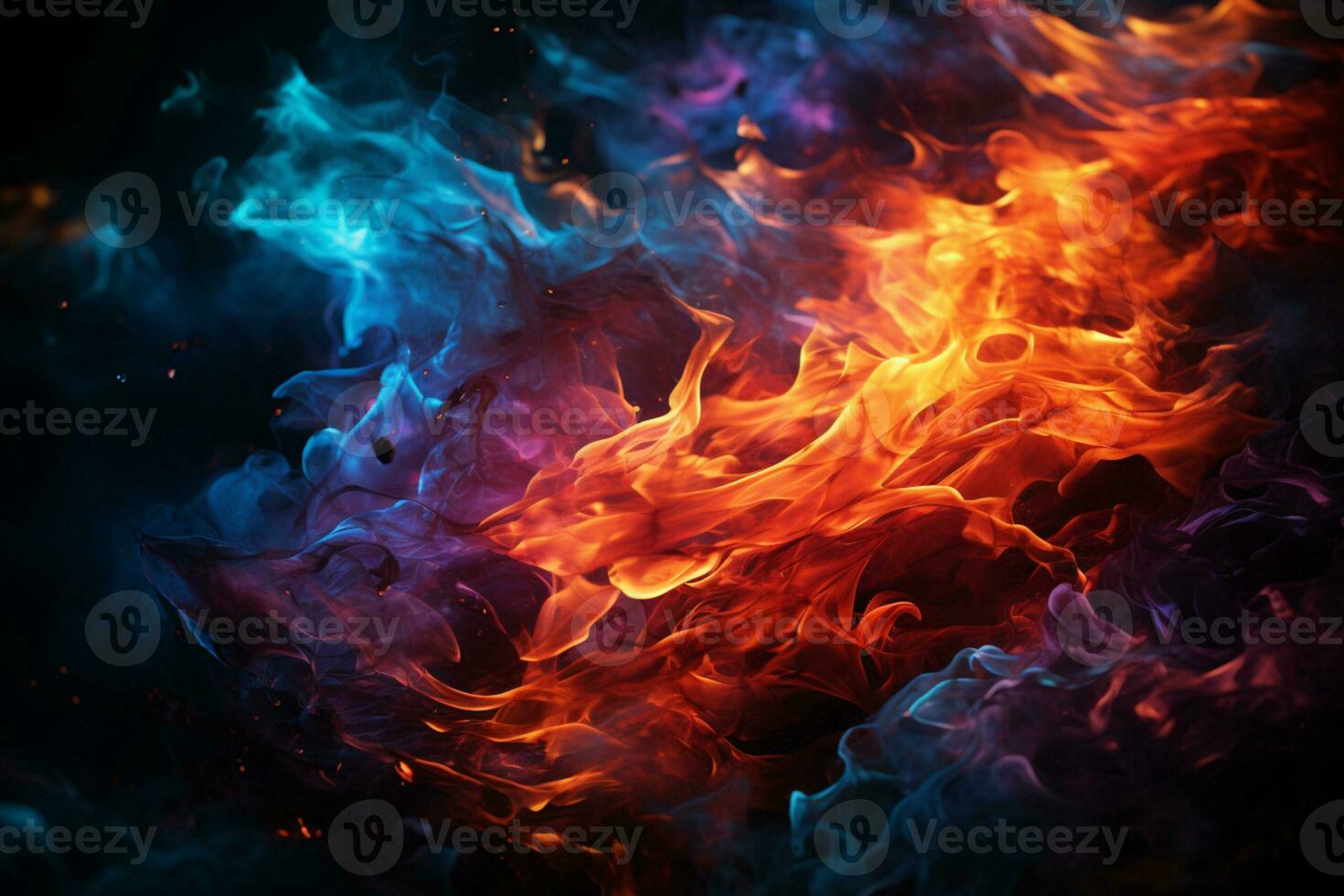 Blue and red fire on dark backdrop AI Generated photo
