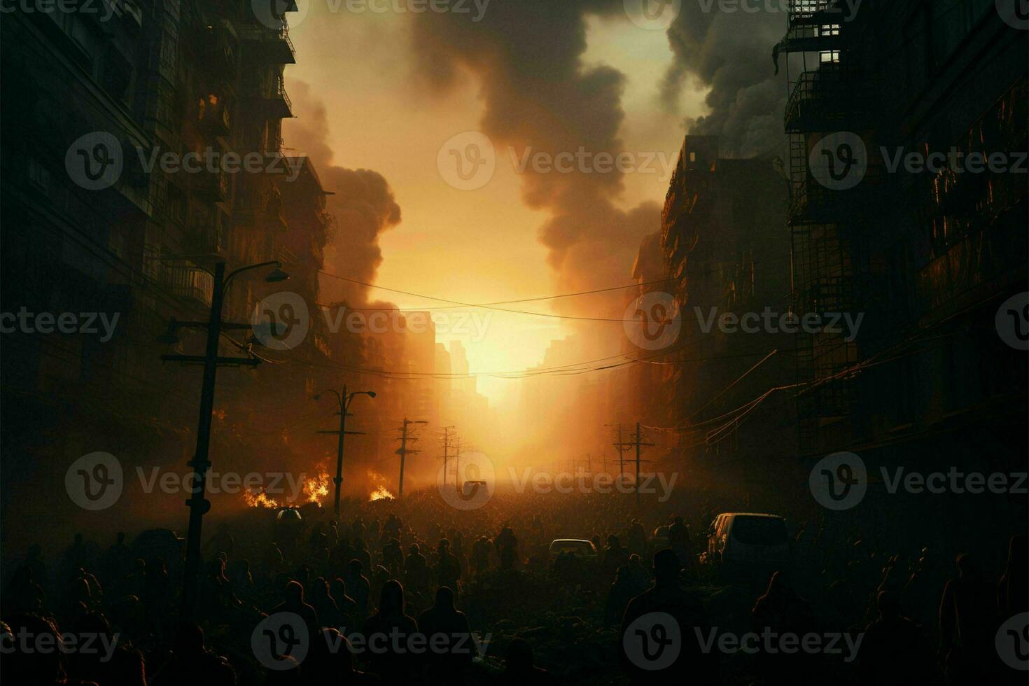 Smog-filled city, coughing figures, a fight against lung cancer AI Generated photo