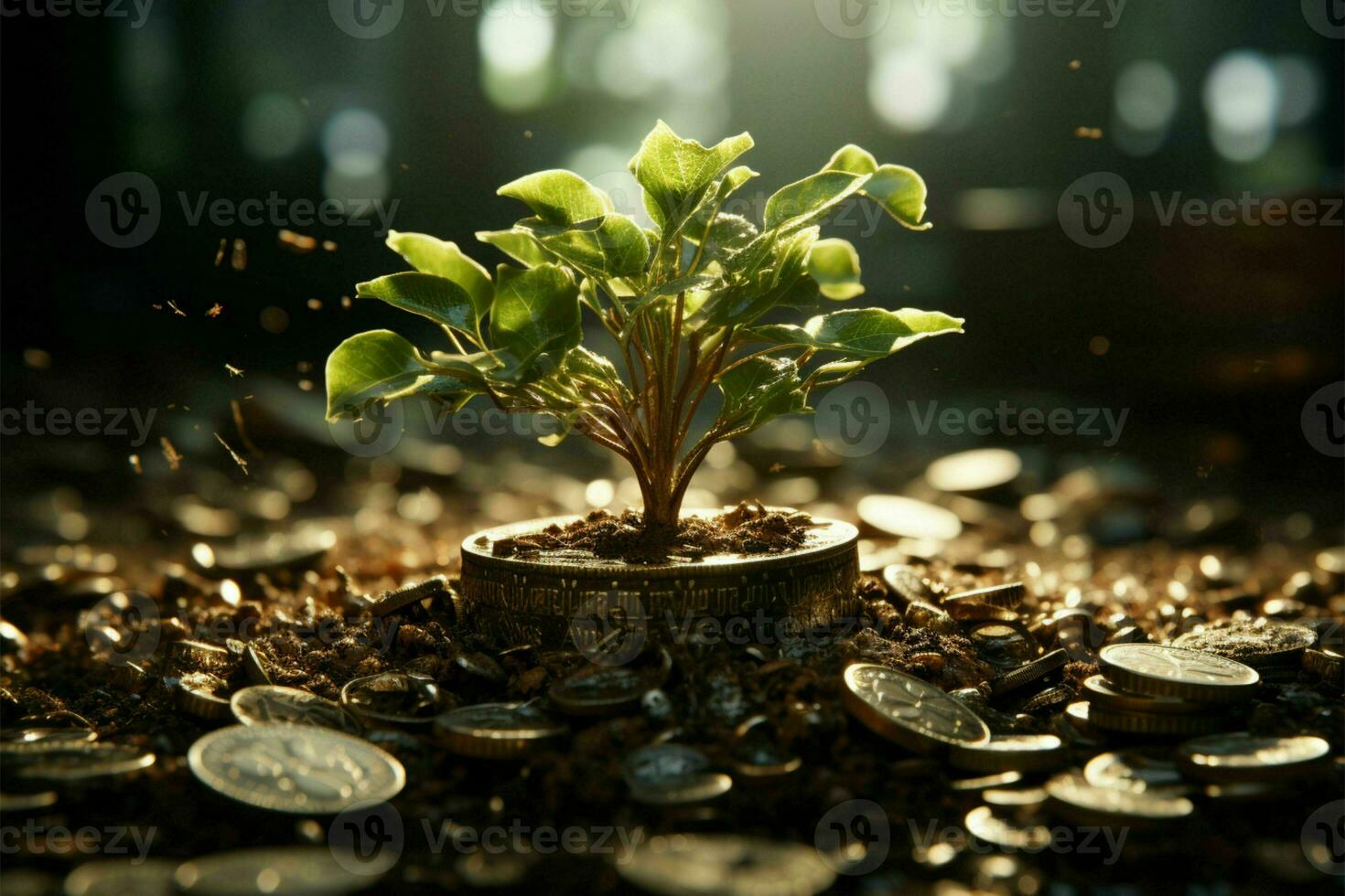 Money's roots in fertile soil, business success blossoms in nature's sunshine AI Generated photo