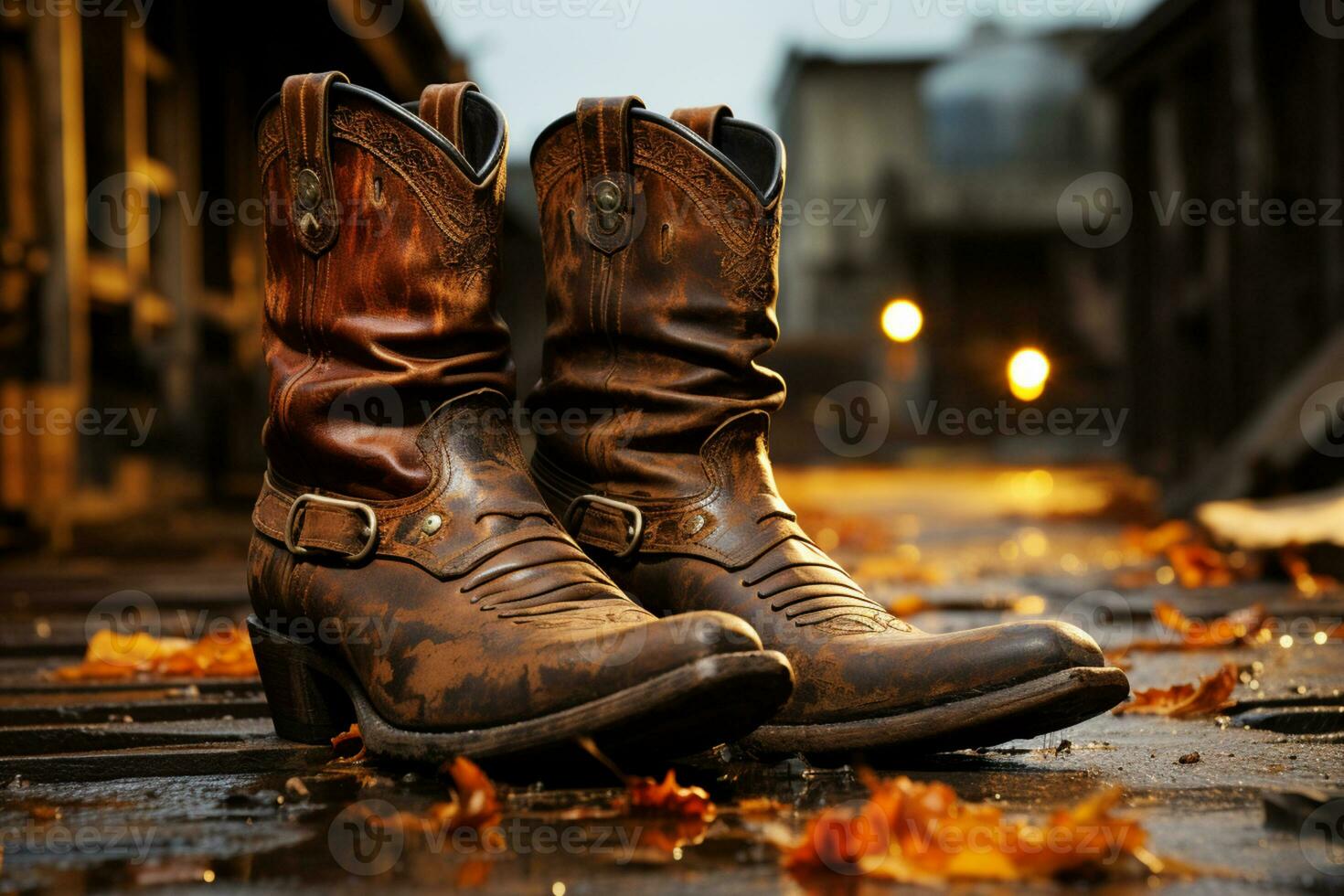 vaquero botas, espuelas, lazo en resistido granero piso ai generado foto