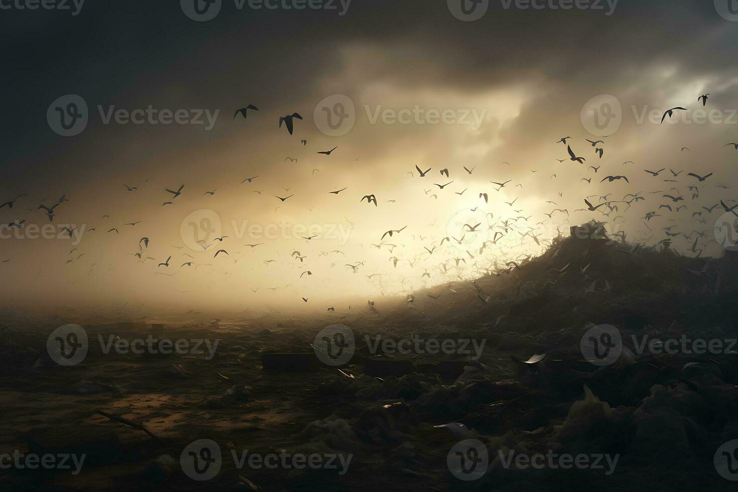 Fantasy landscape with seagulls flying in the sky. photo