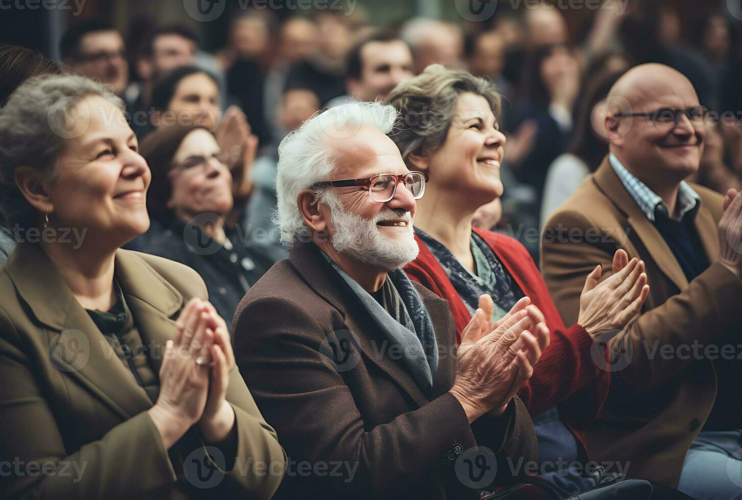 alegre mayor hombre en los anteojos es aplaudiendo mientras sentado a el conferencia salón foto