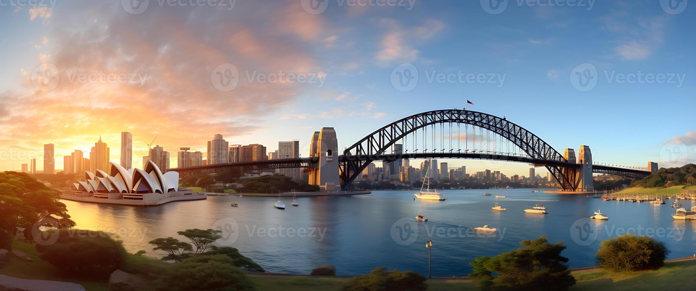 Panorama of Sydney Harbour Bridge and Sydney Opera House at sunset, Australia photo