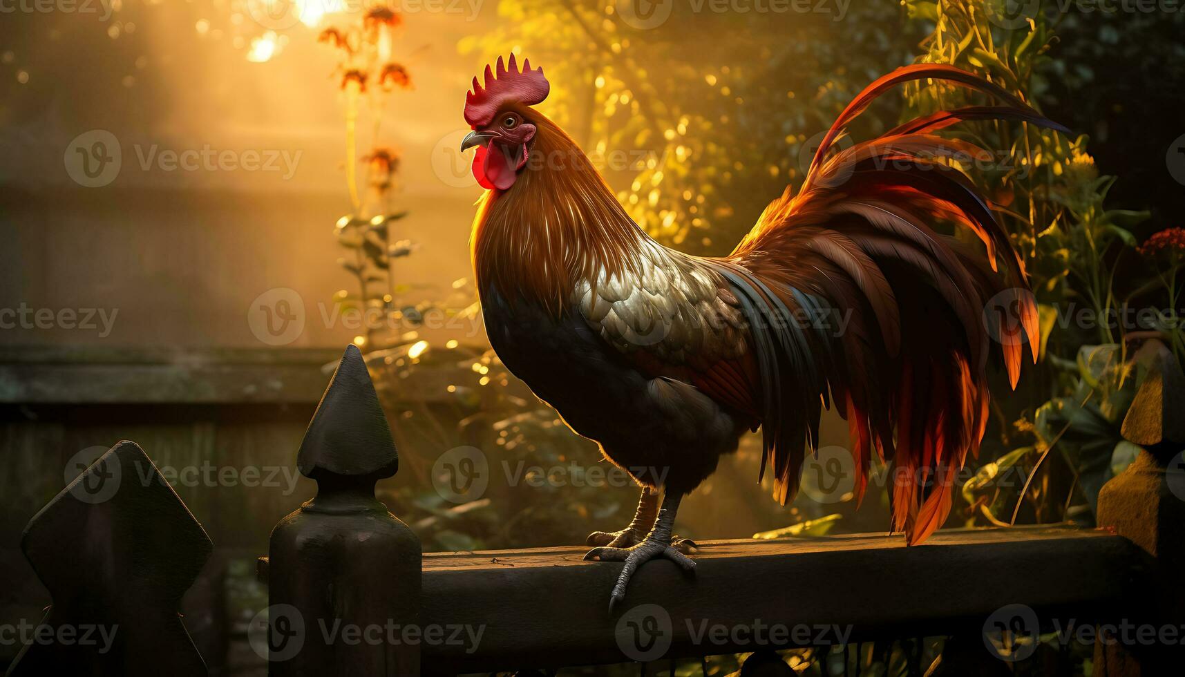 Rooster on a wooden fence in the morning light photo