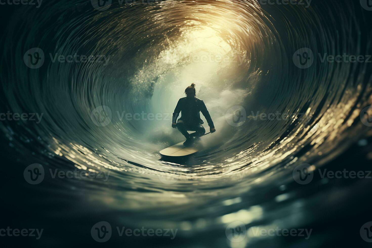 Surfer at the end of a tunnel photo