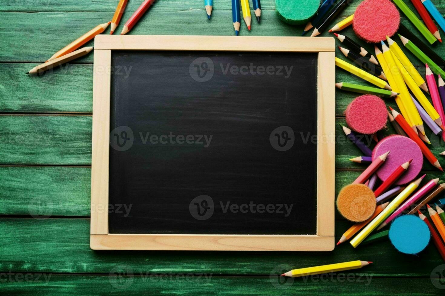 School supplies frame on wooden background AI Generated photo