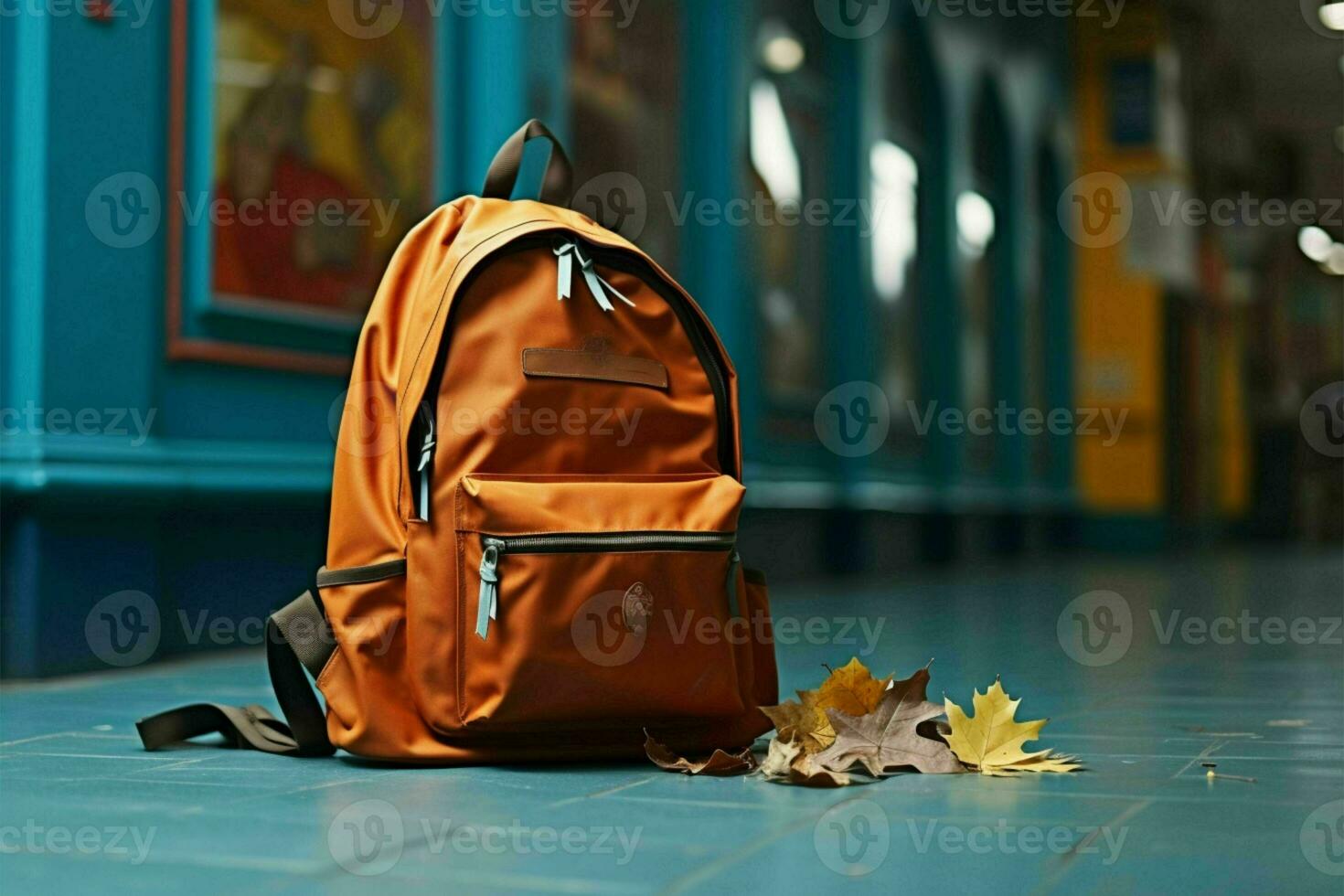 mochila en medio de un clásico espalda a colegio ambiente, simbolizando preparación ai generado foto