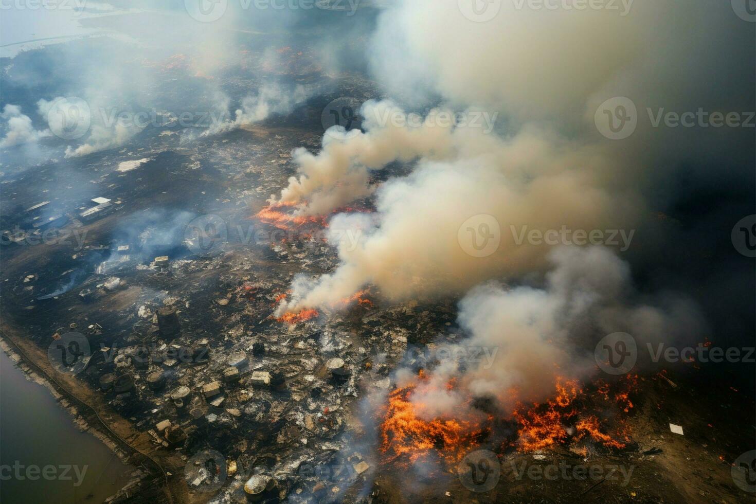 Trash fires rage in aerial view of a sprawling landfill site AI Generated photo