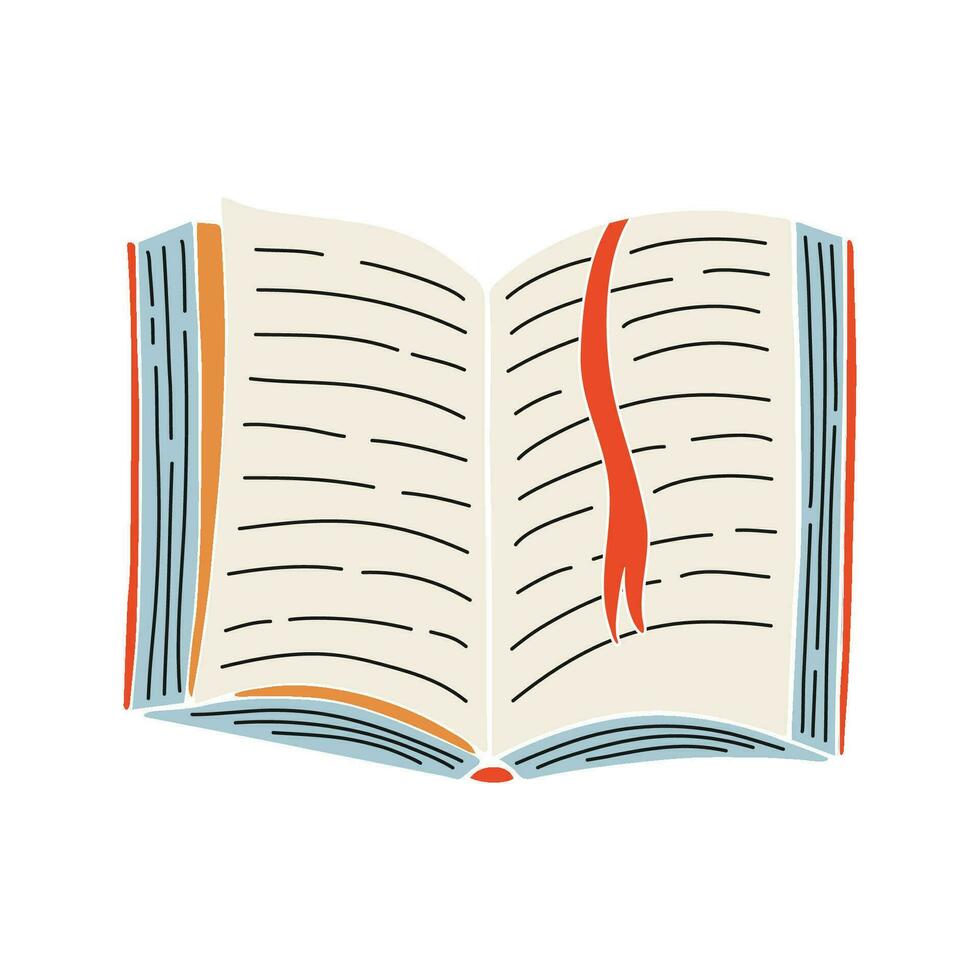 Vector illustration of opened book with bookmark. Symbol of literature and education. Doodle style single object isolated on transparent background.