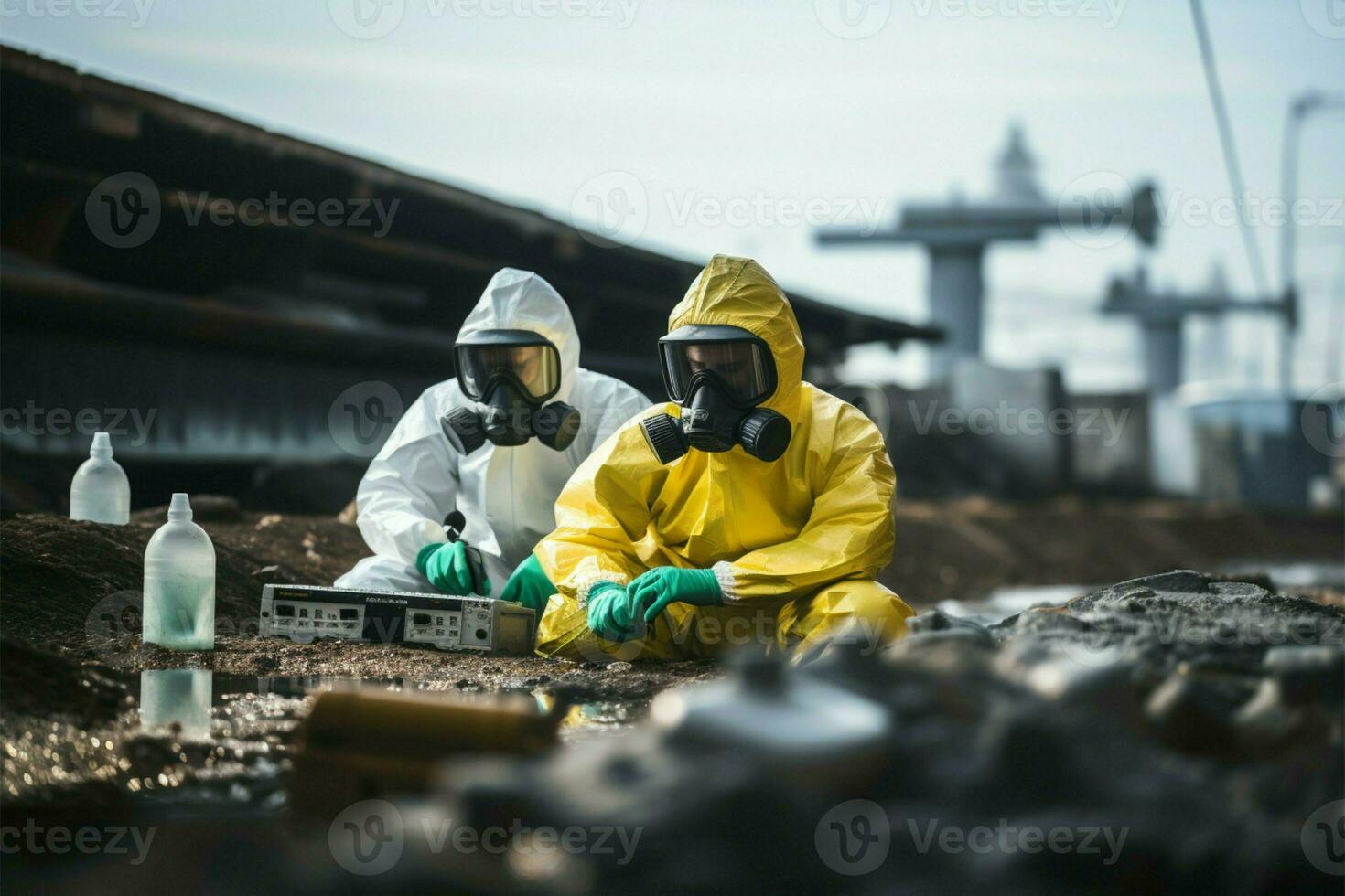 trabajadores en materiales peligrosos trajes recoger muestras en industrial zona ai generado foto