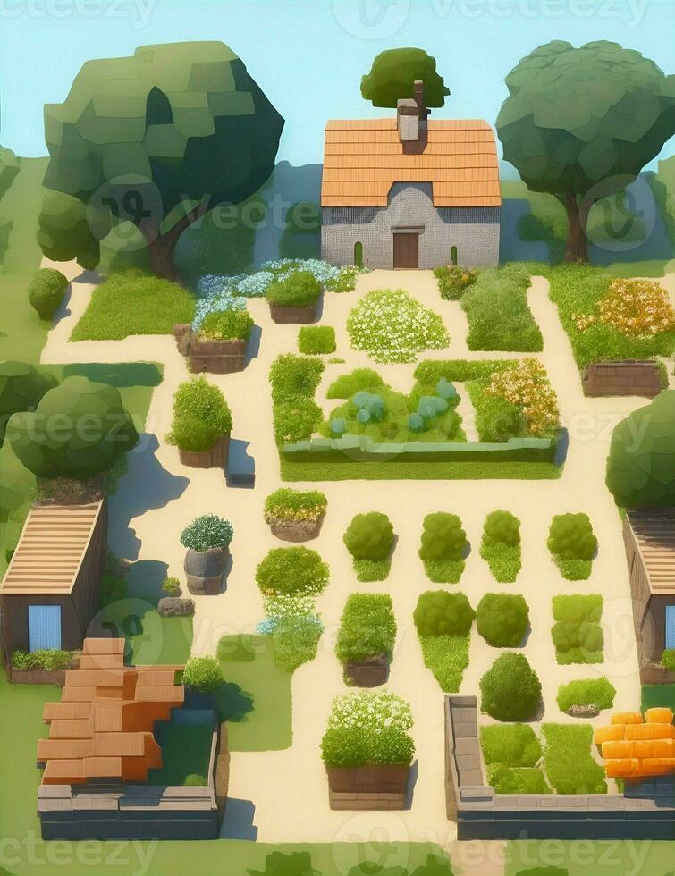 rural courtyard, orderly farmland, isometric perspective in game illustration photo