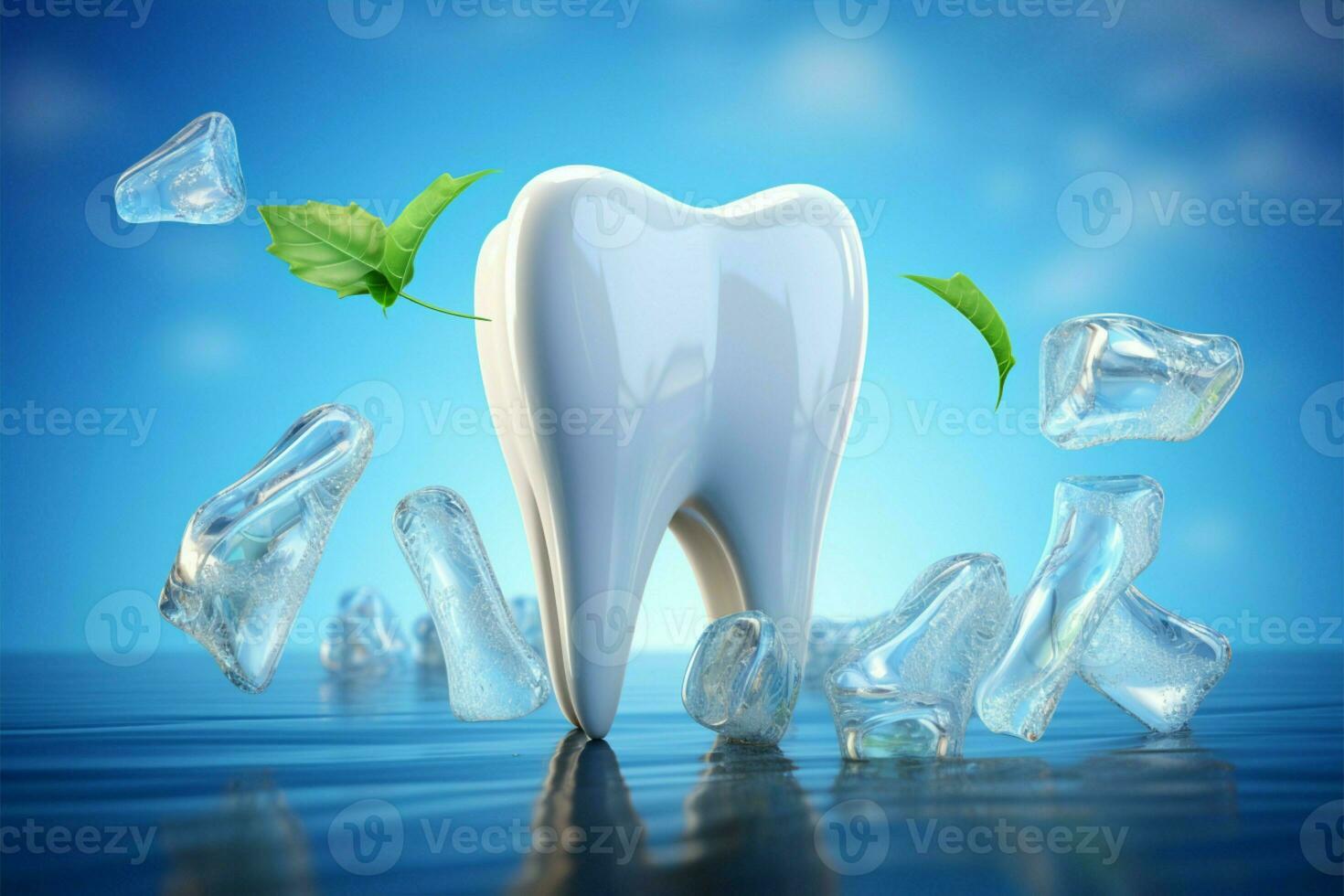 Ice cold freshness, Toothpaste ad featuring giant tooth, mint, and ice AI Generated photo