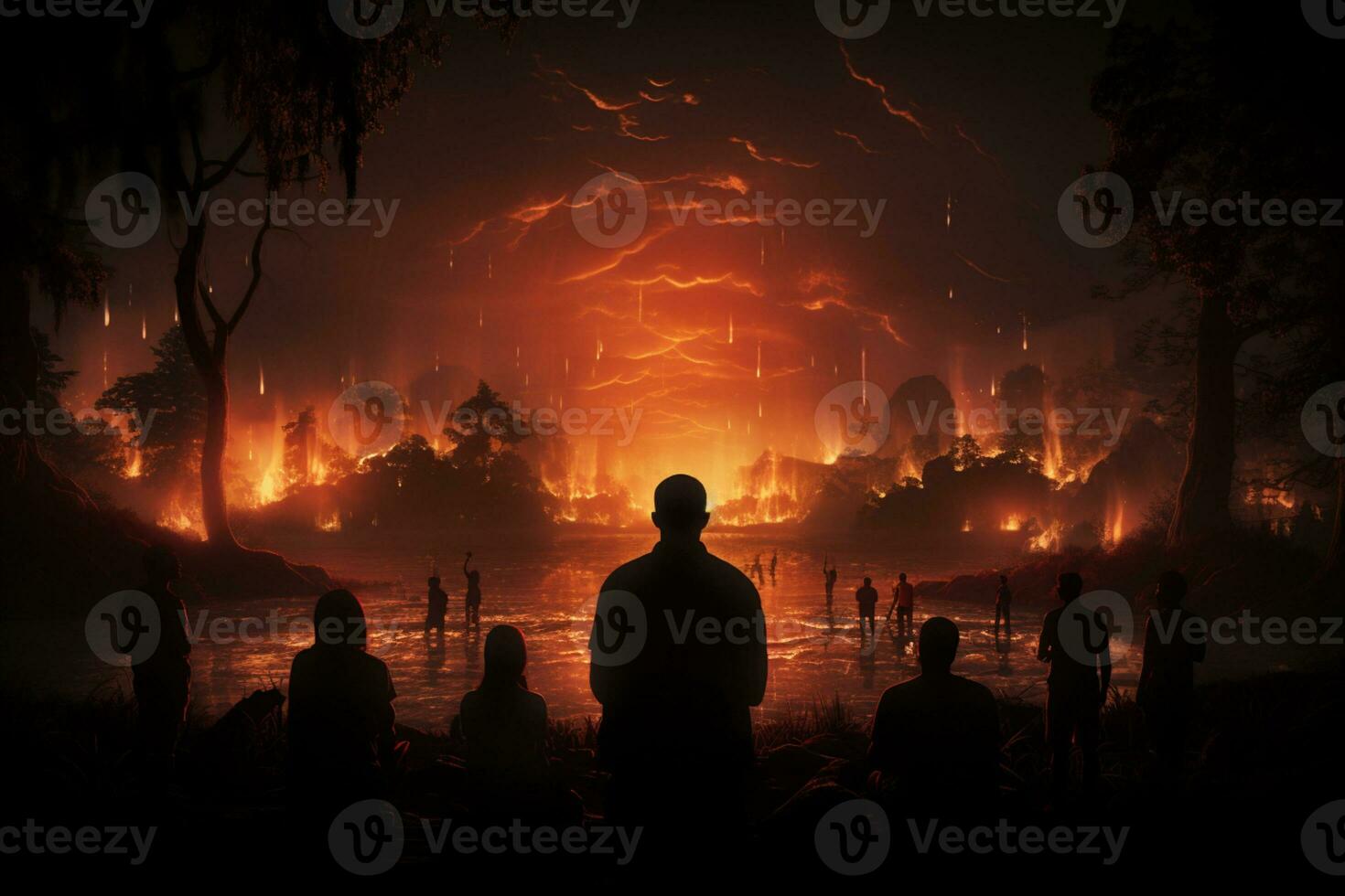 silhouette People watching forest fire in night AI Generated photo