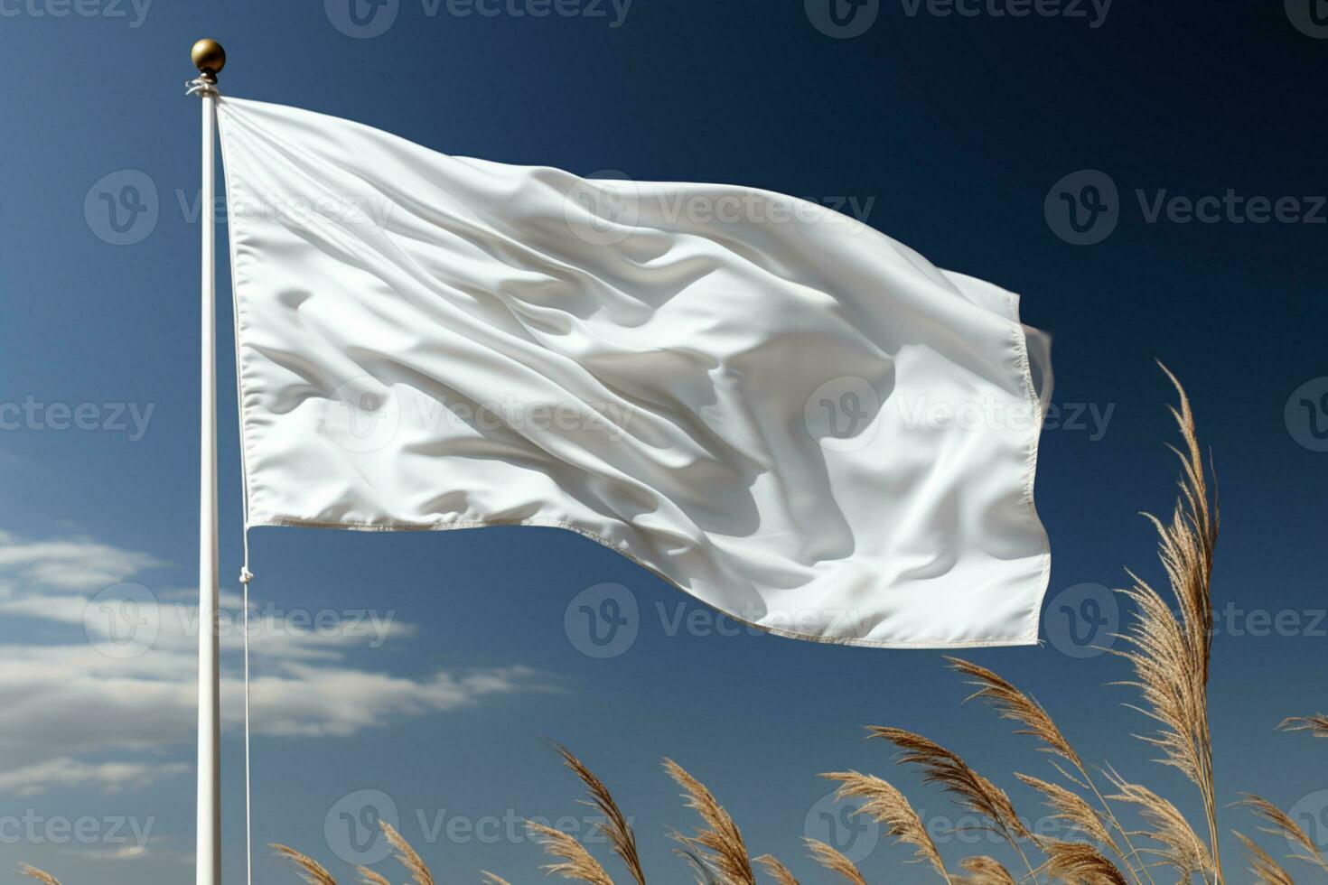 aislado blanco bandera en asta de bandera, ondulación, en contra gris antecedentes ai generado foto