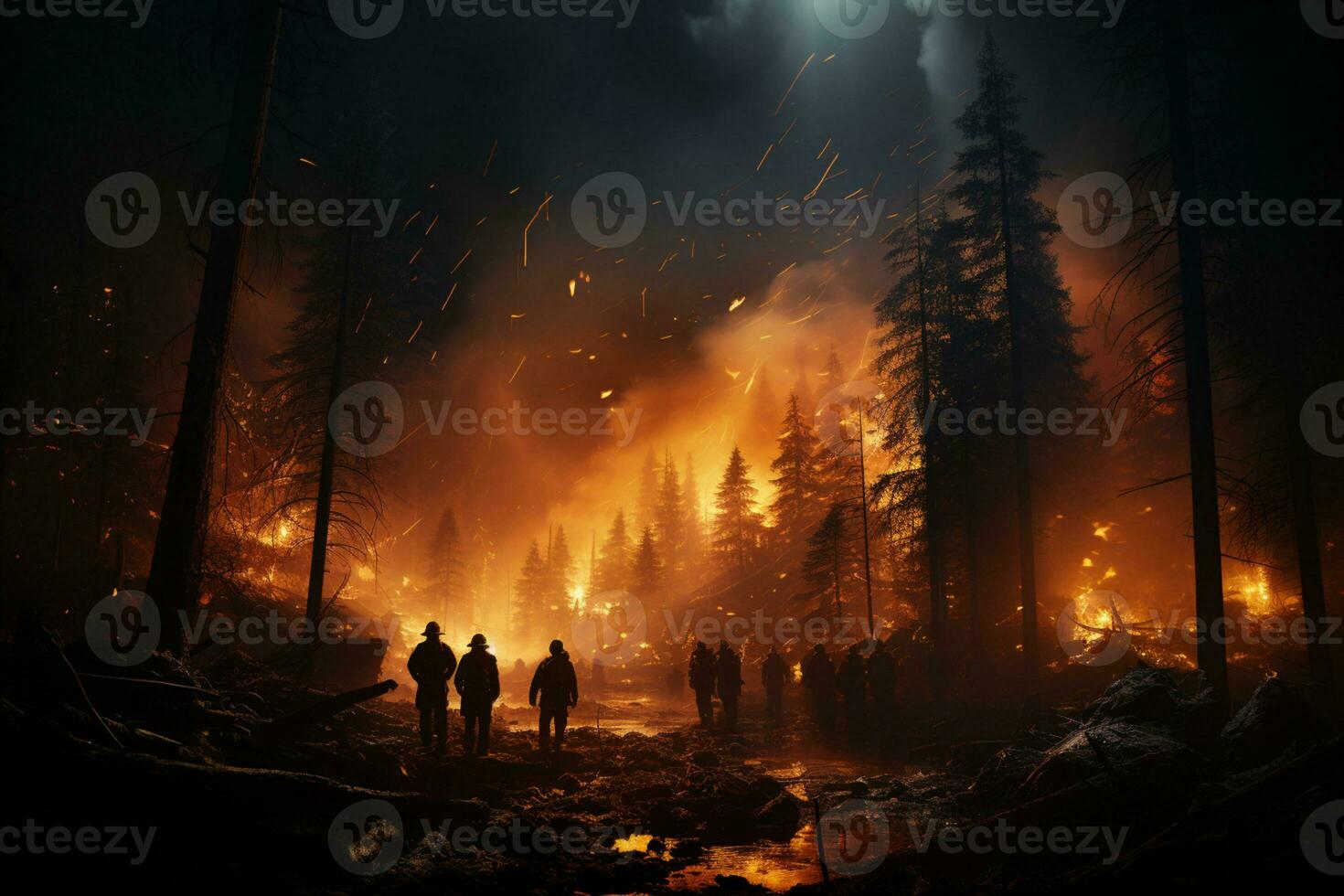 Forest fire in the dark, firefighters on duty, battling the blaze AI Generated photo