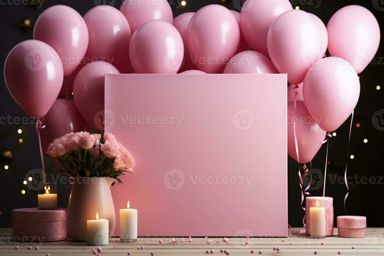 Party mockup on pink table, frame, balloons, confetti, flat lay AI Generated photo