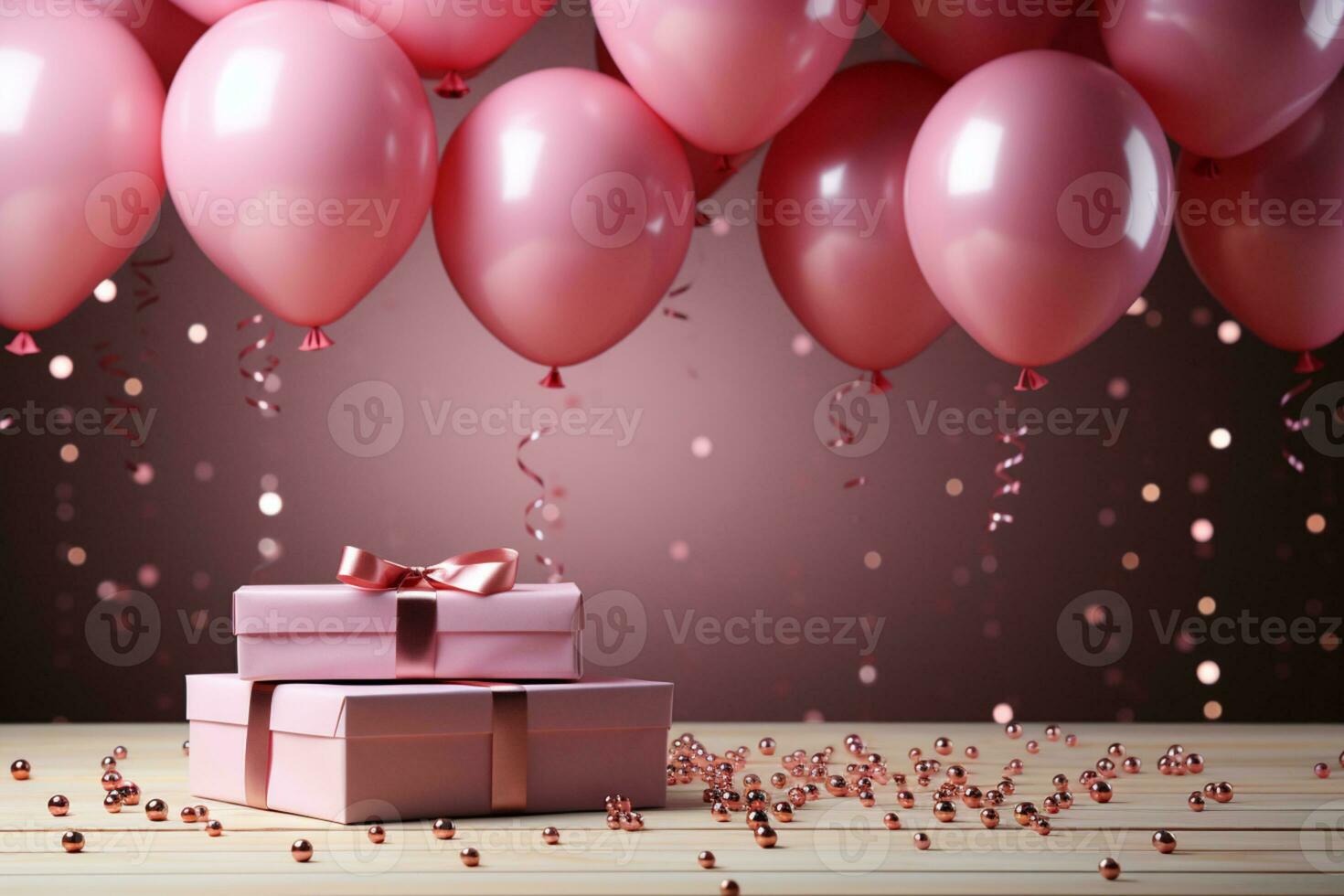 Pink table birthday flat lay, frame, balloons, confetti AI Generated photo