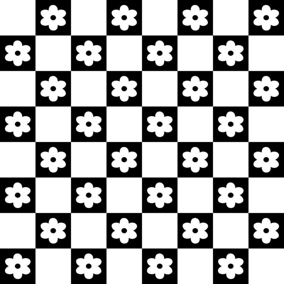 Retro white  flower in  checkered black and white background. vector