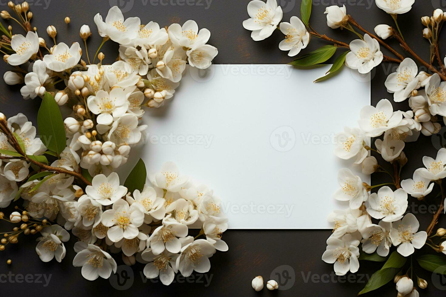 Wedding mockup, flowers, gypsophila, white paper list, flat lay AI Generated photo