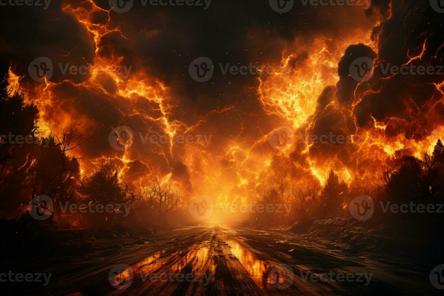 Scorching journey, Road on fire, flames over black canvas AI Generated photo